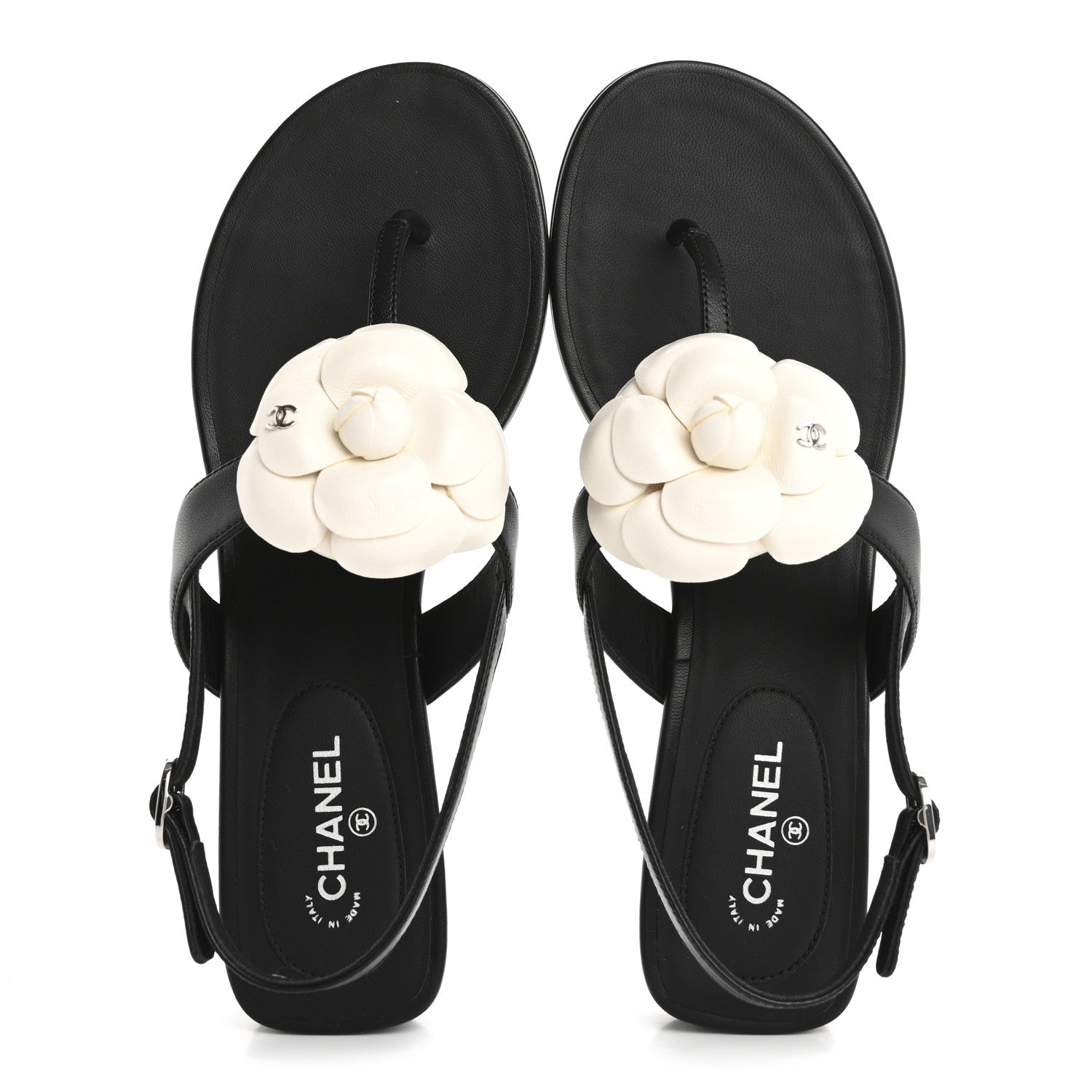 Chanel Lambskin Camellia Thong Sandals 38 Black White 2 of 10