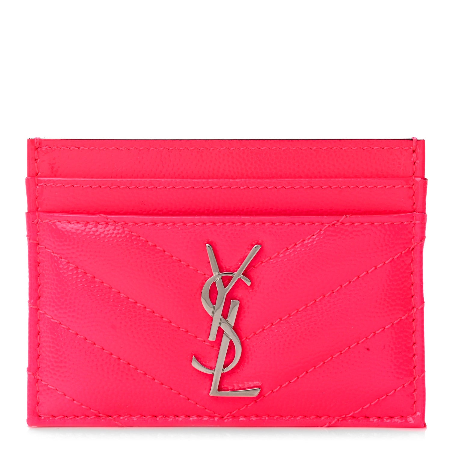 Saint Laurent Grain De Poudre Matelasse Chevron Monogram Credit Card Case Neon Pink 1 of 7