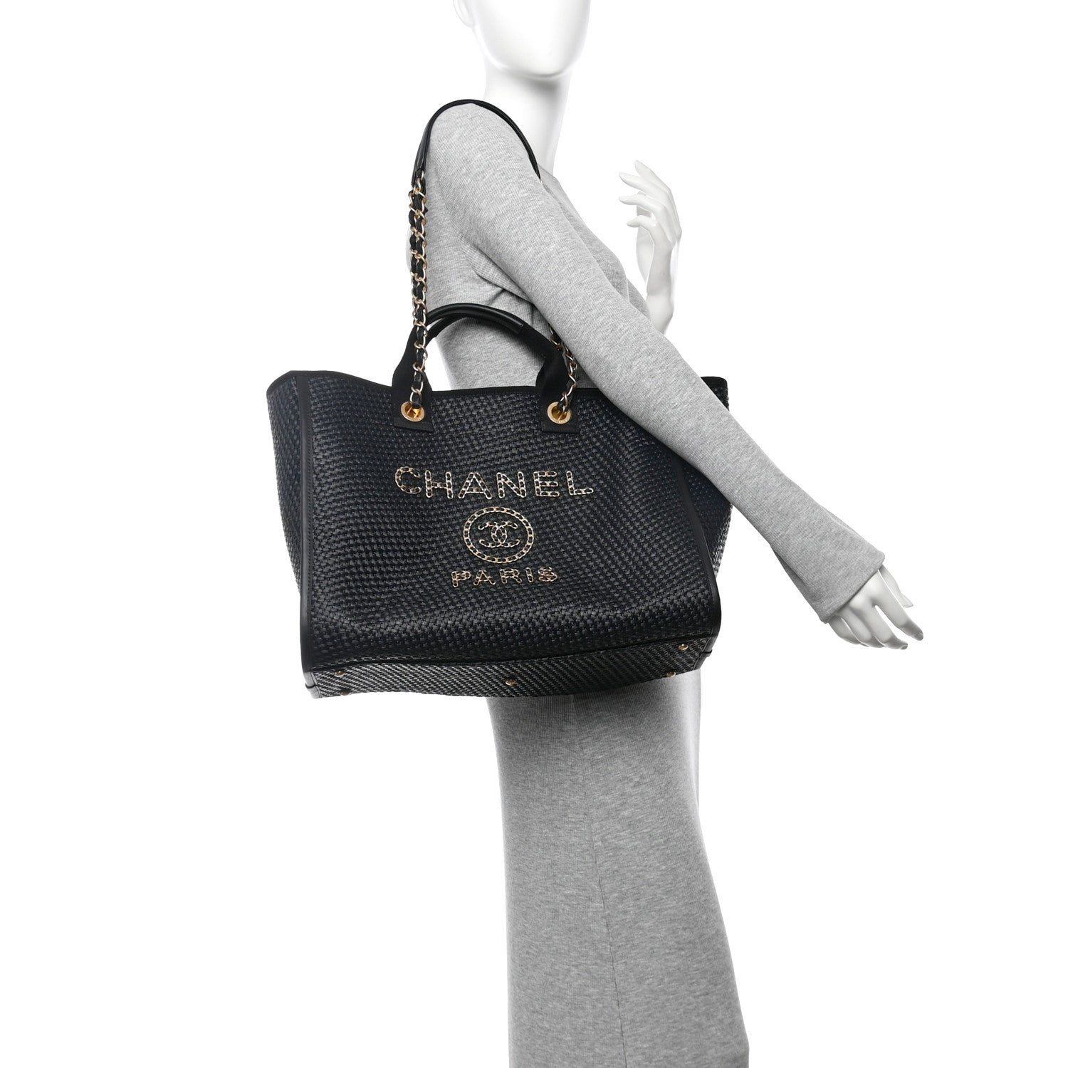 Chanel Straw Raffia Calfskin Chain Medium Deauville Tote Black 2 of 12