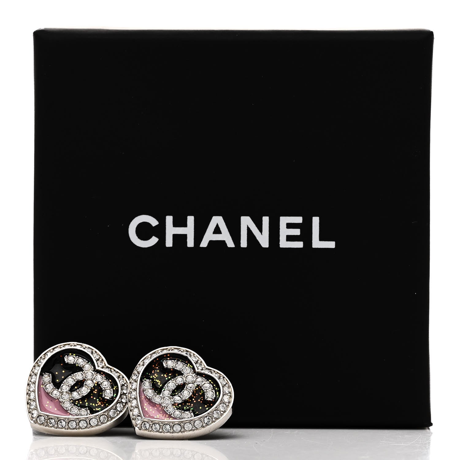 Chanel Resin Crystal Glitter CC Heart Stud Earrings Silver Black Pink 5 of 5