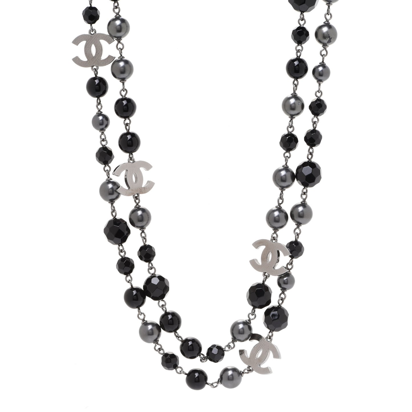 Ruthenium Pearl Beaded CC Long Necklace Black