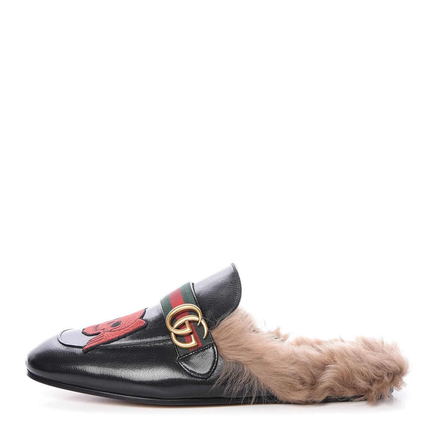 Goatskin Fur Web GG Skull Embroidered Mens Princetown Slippers 11 Black