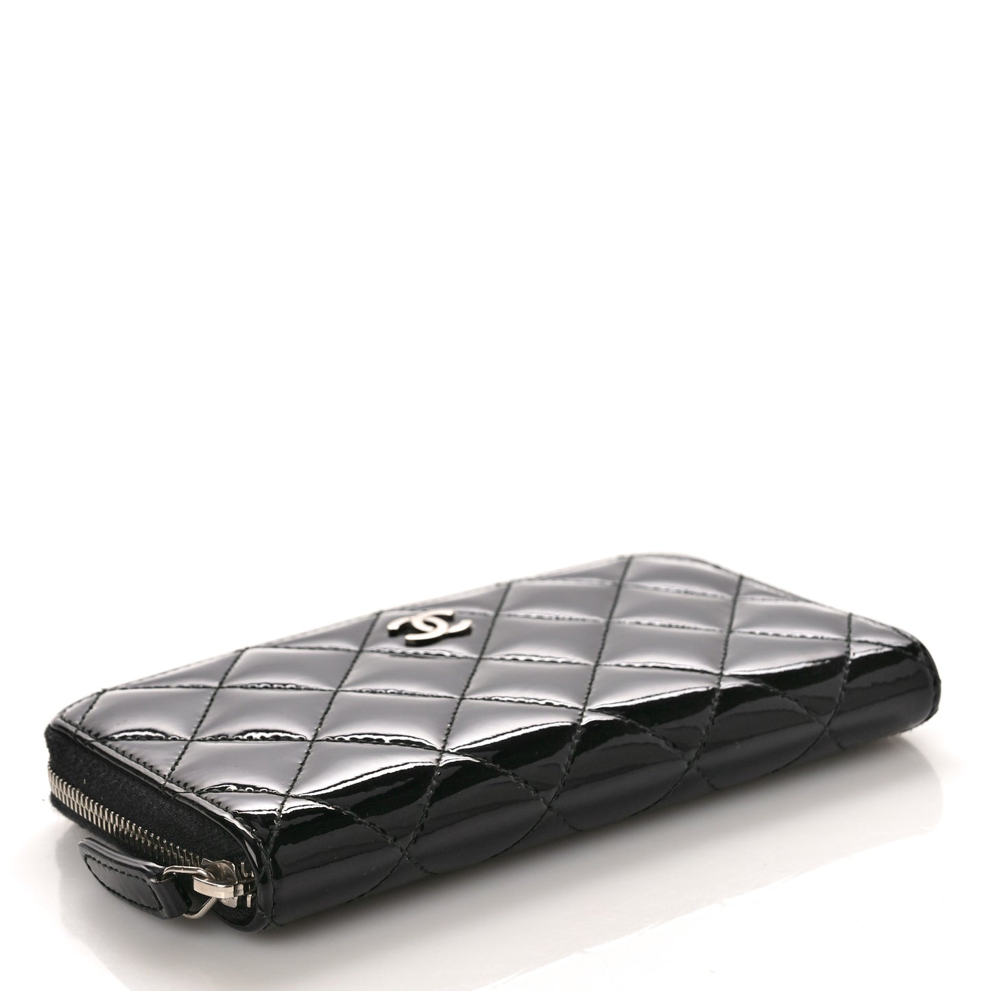 Patent Quilted Small Zip Around Wallet Black
