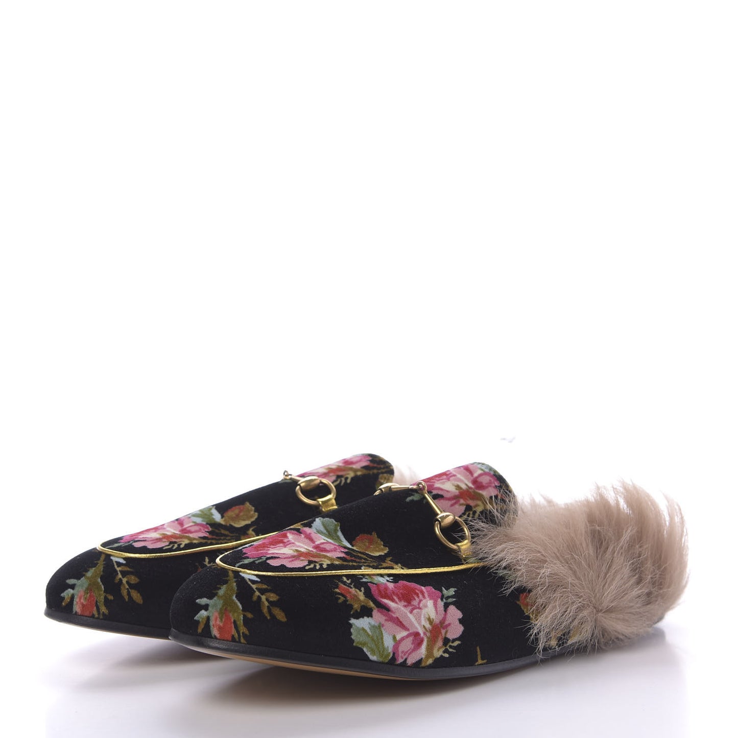 Velvet Fur Floral Womens Princetown Slippers 41 Black