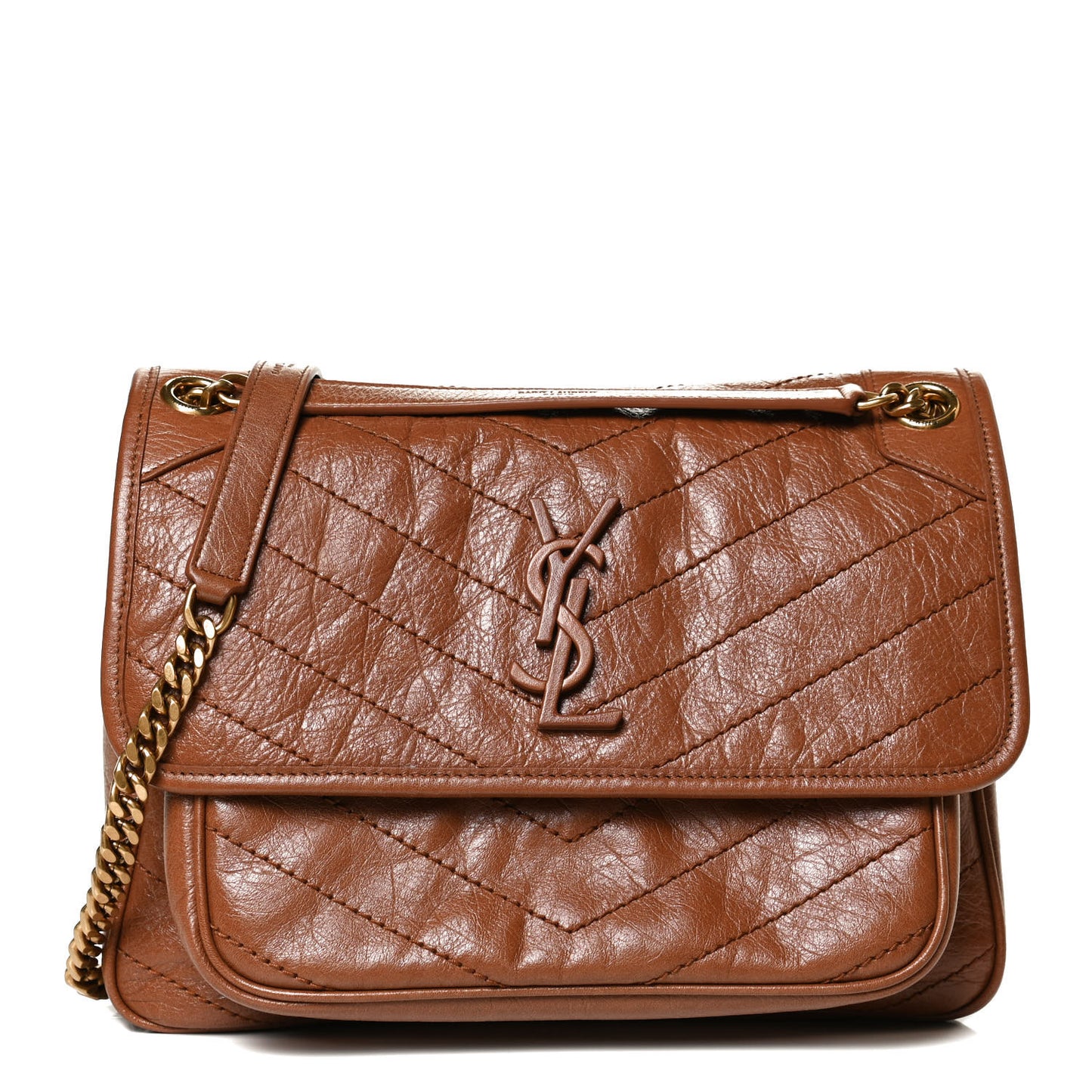 Crinkled Calfskin Matelasse Monogram Medium Niki Chain Satchel Caramel