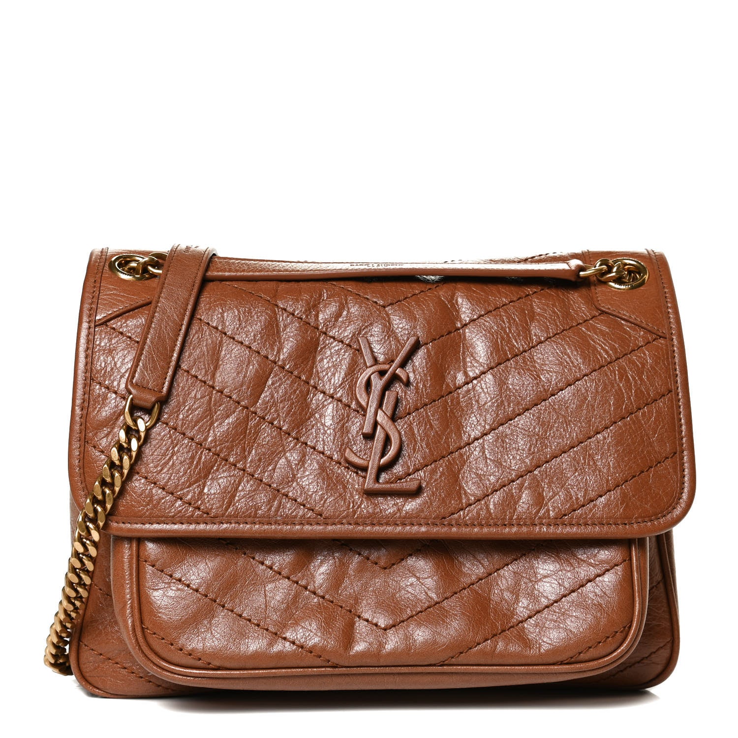 Saint Laurent Crinkled Calfskin Matelasse Monogram Medium Niki Chain Satchel Caramel 1 of 10