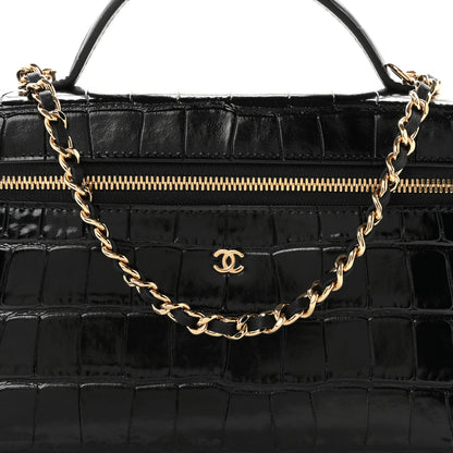 Chanel Calfskin Crocodile Embossed Crococo Top Handle Slim Vanity Case With Chain Black 8 of 11