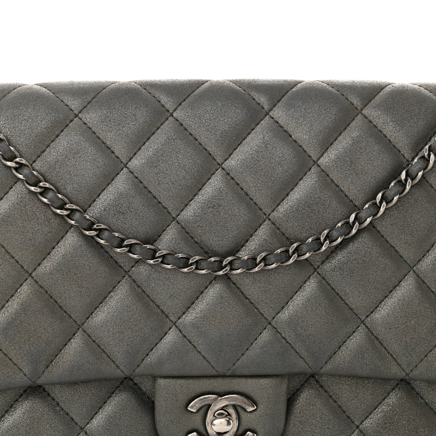 Metallic Calfskin Quilted Clutch With Chain Flap Charcoal Grey