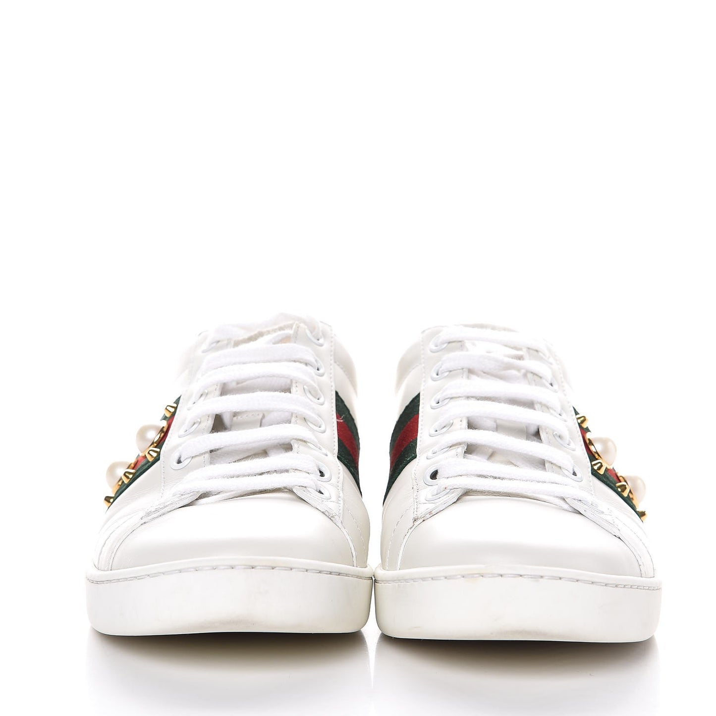 Calfskin Web Pearl Studded Ace Sneakers 37 White