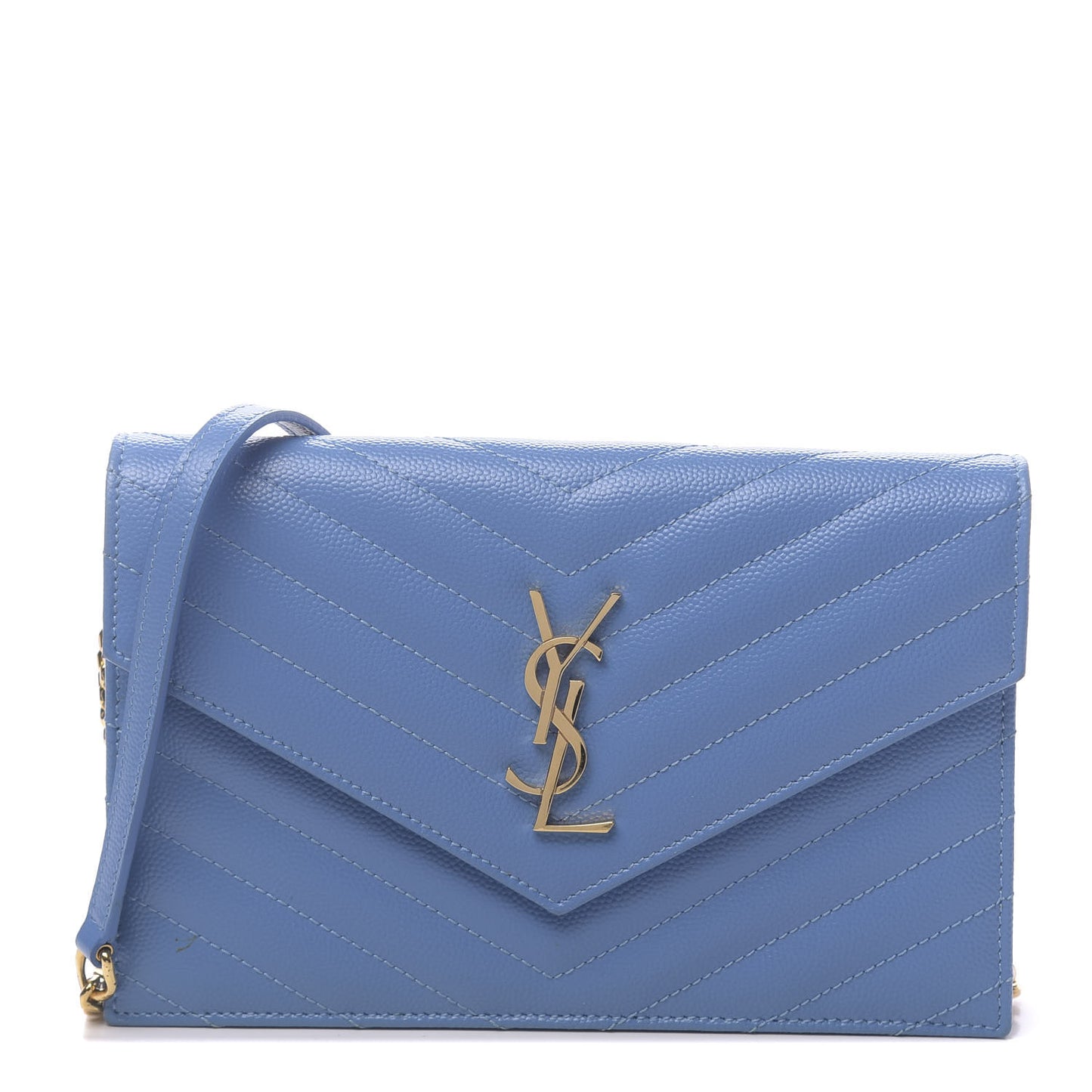 Grain De Poudre Matelasse Chevron Monogram Envelope Chain Wallet Blue Clair