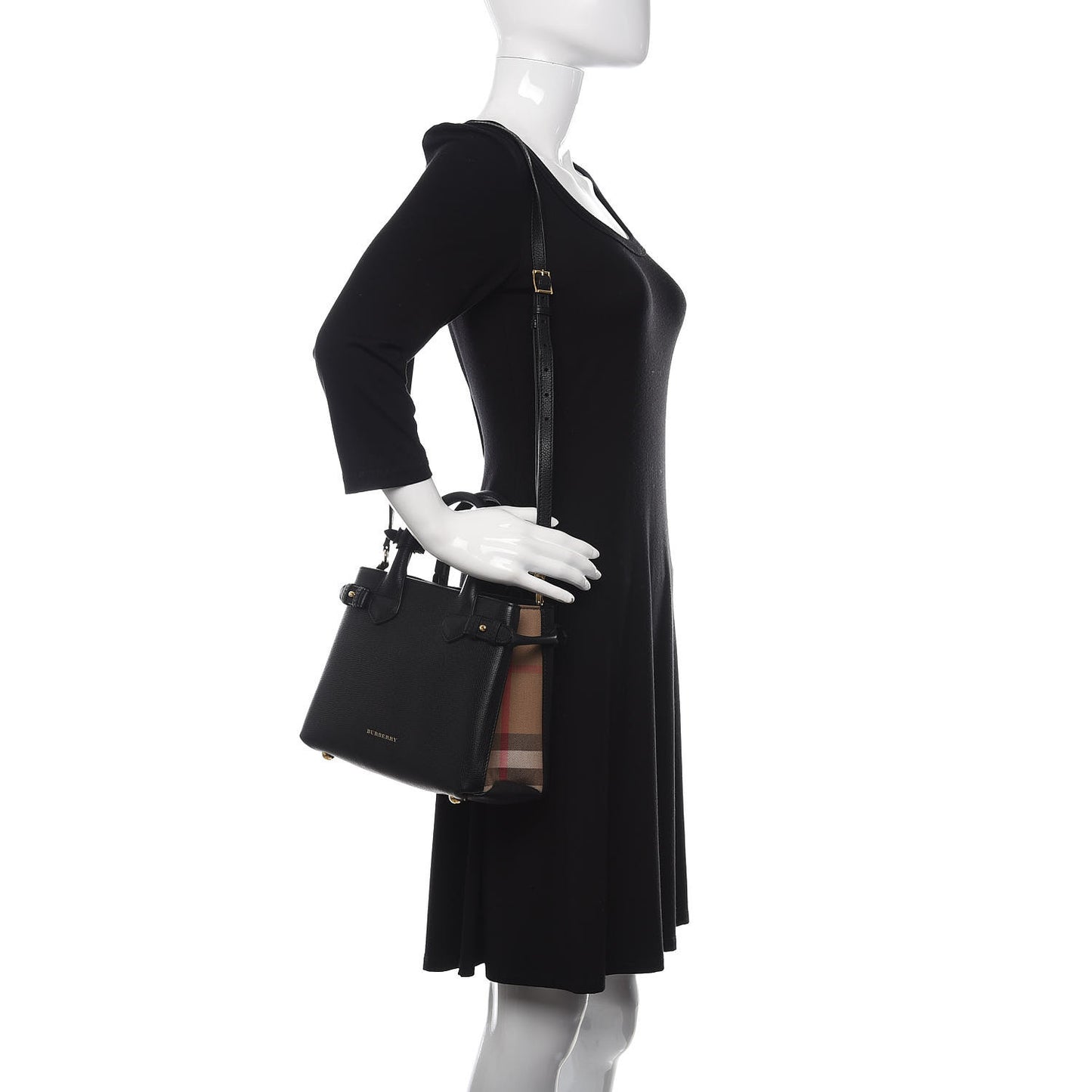 Grainy Calfskin House Check Small Banner Tote Black