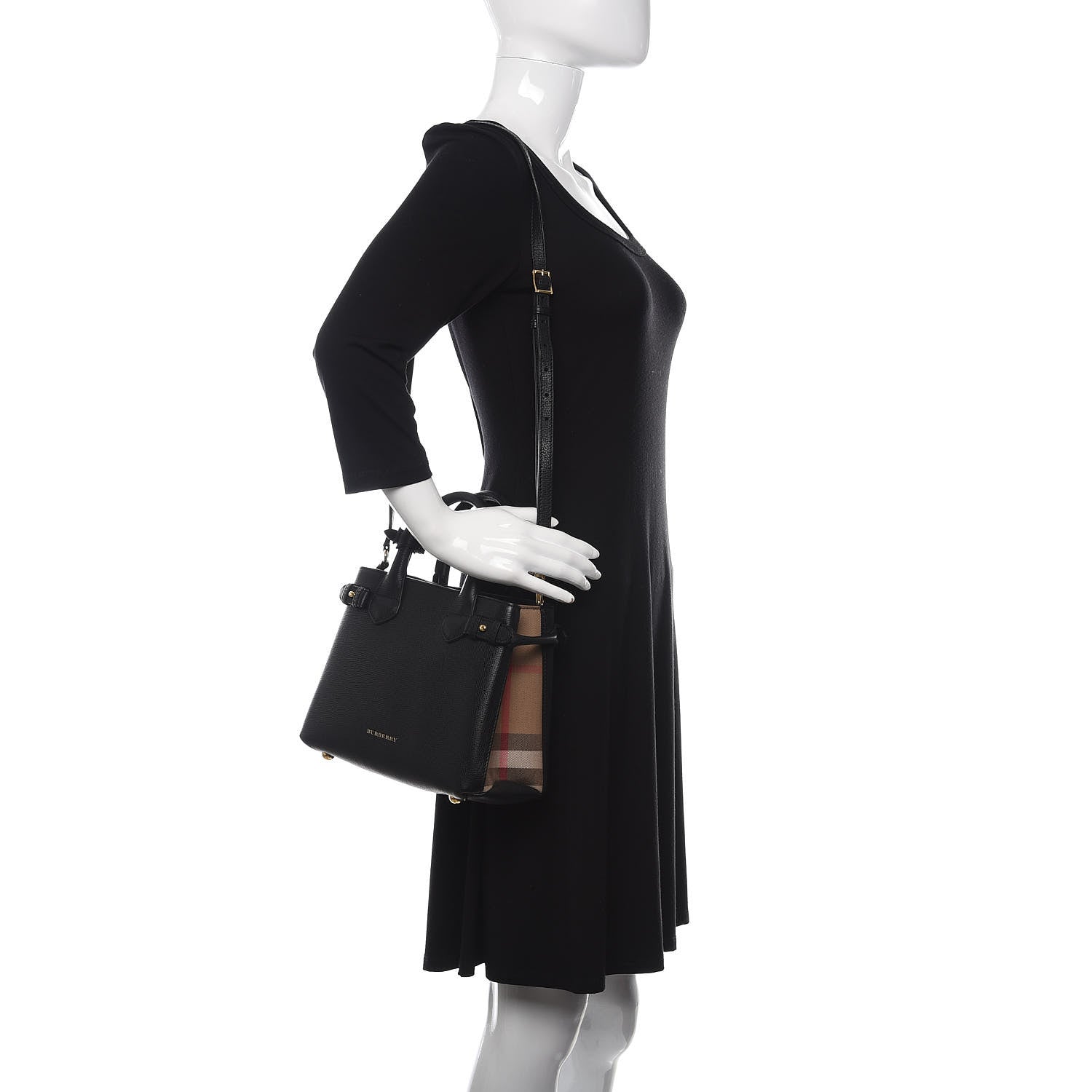 Burberry Grainy Calfskin House Check Small Banner Tote Black 2 of 11