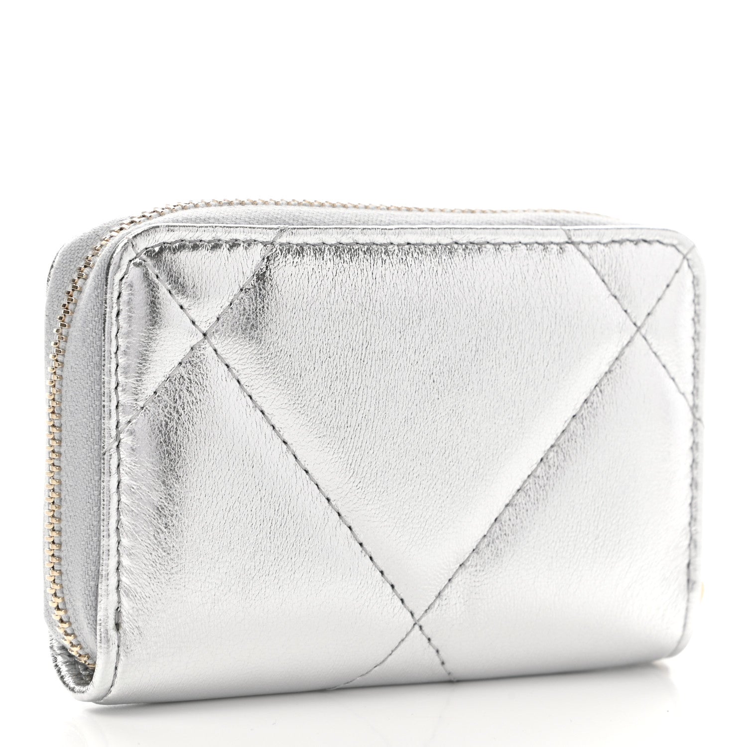Chanel Metallic Lambskin Quilted Chanel 19 Zip Around Coin Purse Wallet Silver 3 of 8