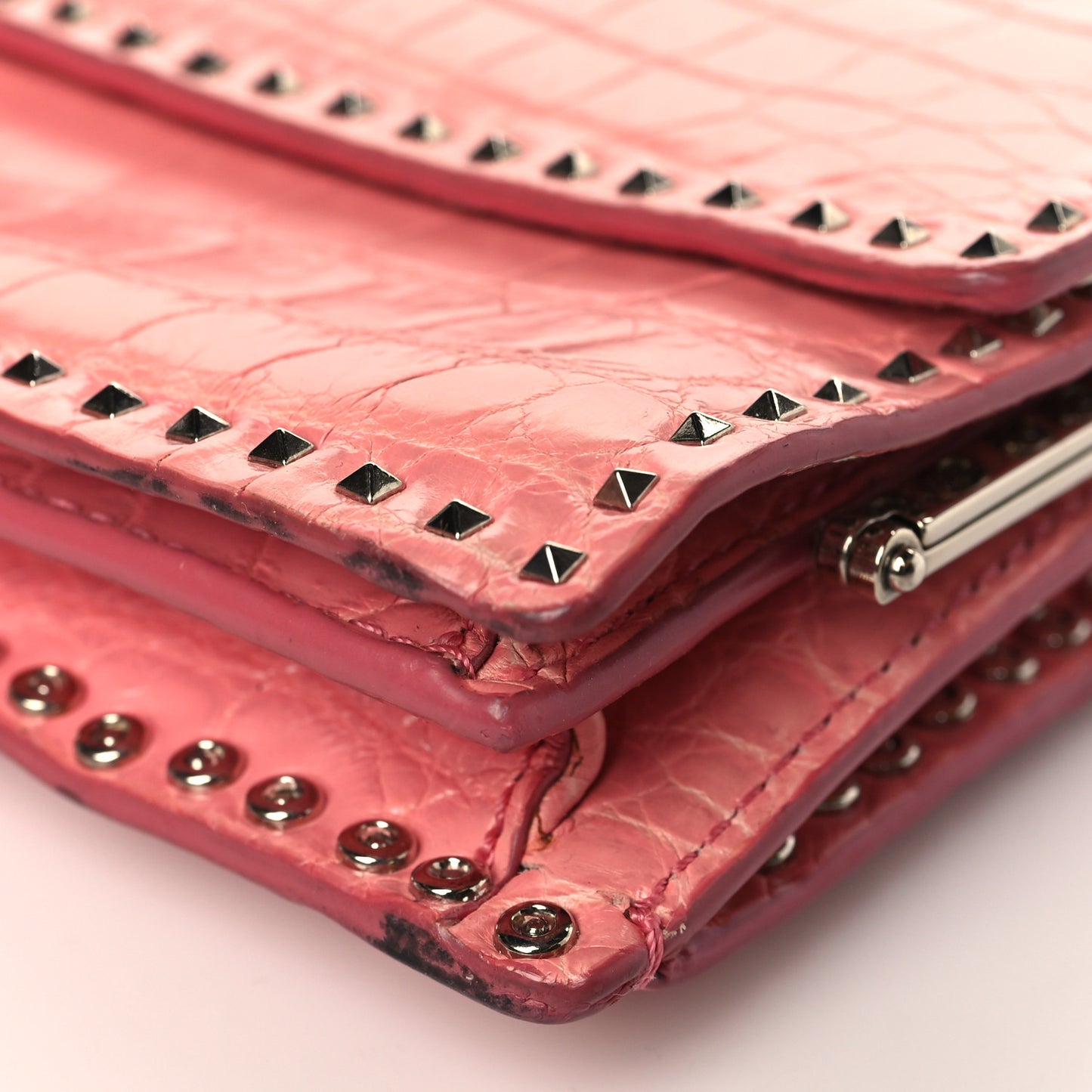 Calfskin Alligator Embossed Rockstud Wallet On Chain Paradise Rose