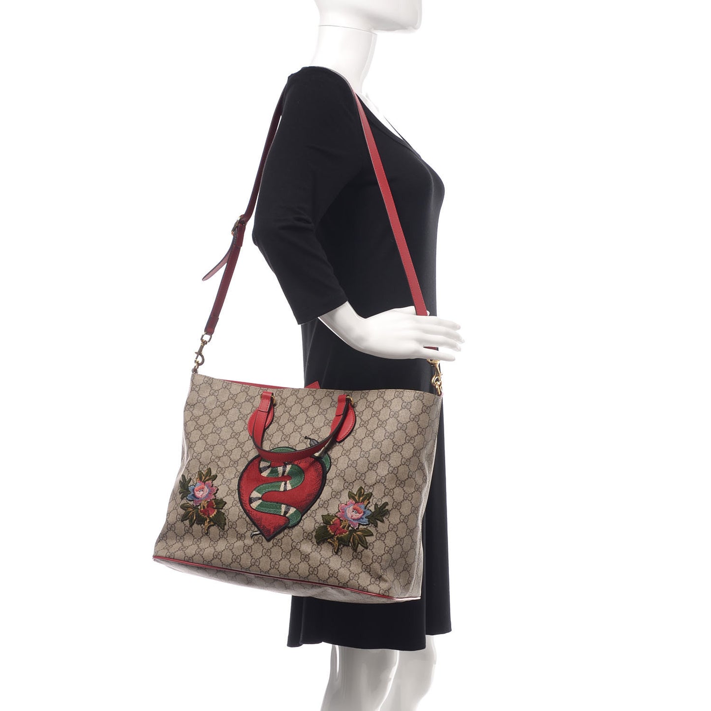 Soft GG Supreme Monogram Kingsnake Heart Embroidered Medium Crossbody Tote Beige Hibiscus Red