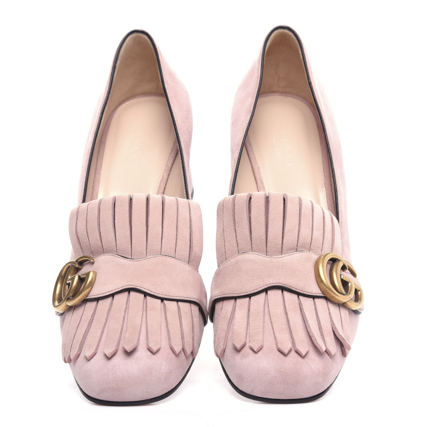Gucci Kid Scamosciato GG Marmont Fringe 50mm Loafer Pumps 38.5 Crystal Pink 5 of 12