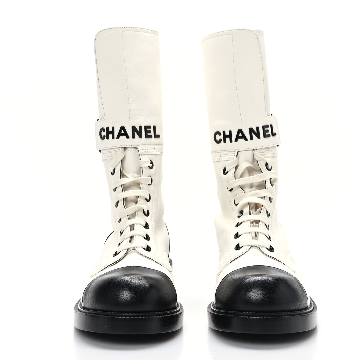 Calfskin Lace Up Logo Mid Calf Combat Boots 39.5 White Black