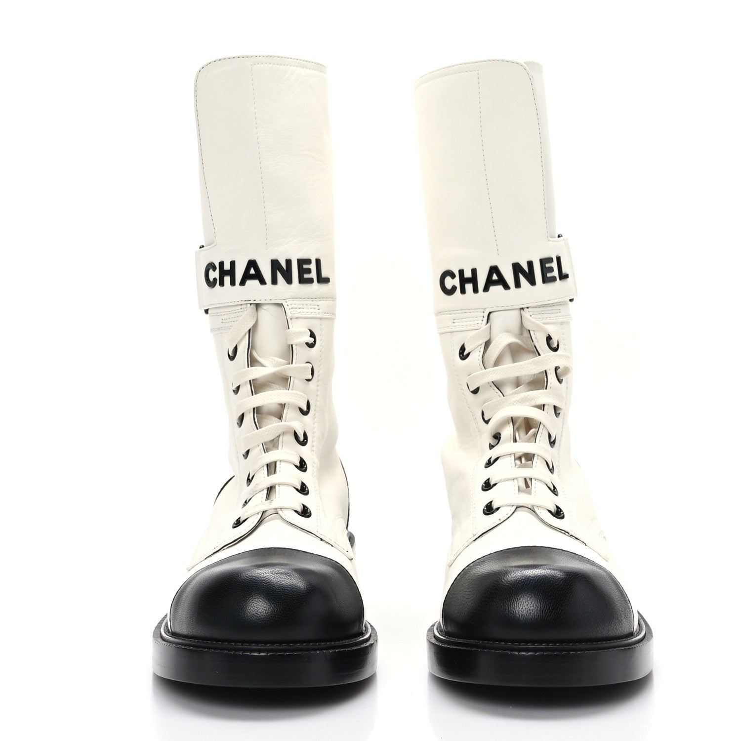 Chanel Calfskin Lace Up Logo Mid Calf Combat Boots 39.5 White Black 2 of 6