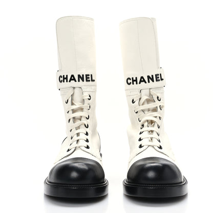 Chanel Calfskin Lace Up Logo Mid Calf Combat Boots 39.5 White Black 2 of 6