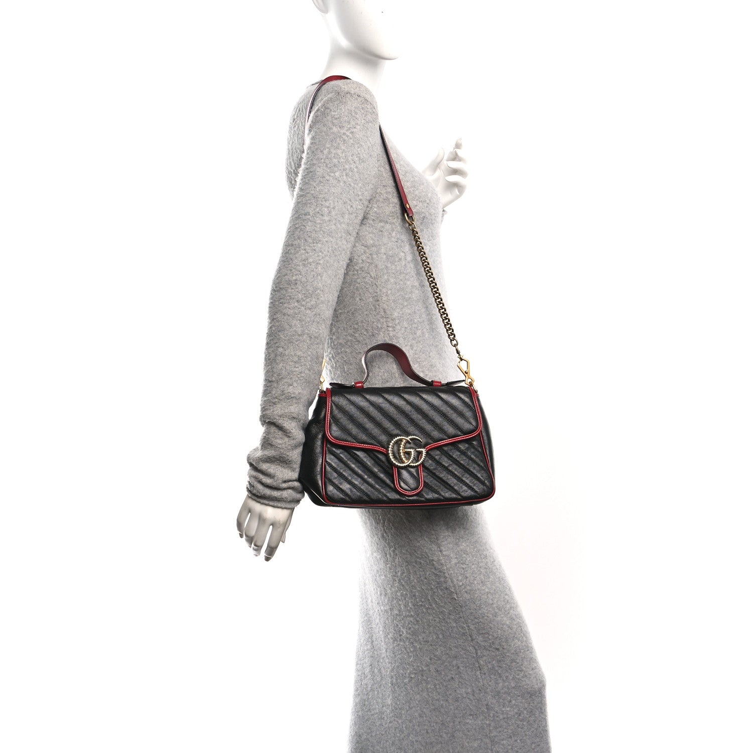 Gucci Vintage Effect Calfskin Matelasse Diagonal Small Torchon GG Marmont Top Handle Shoulder Bag Black Romantic Cherry 2 of 10