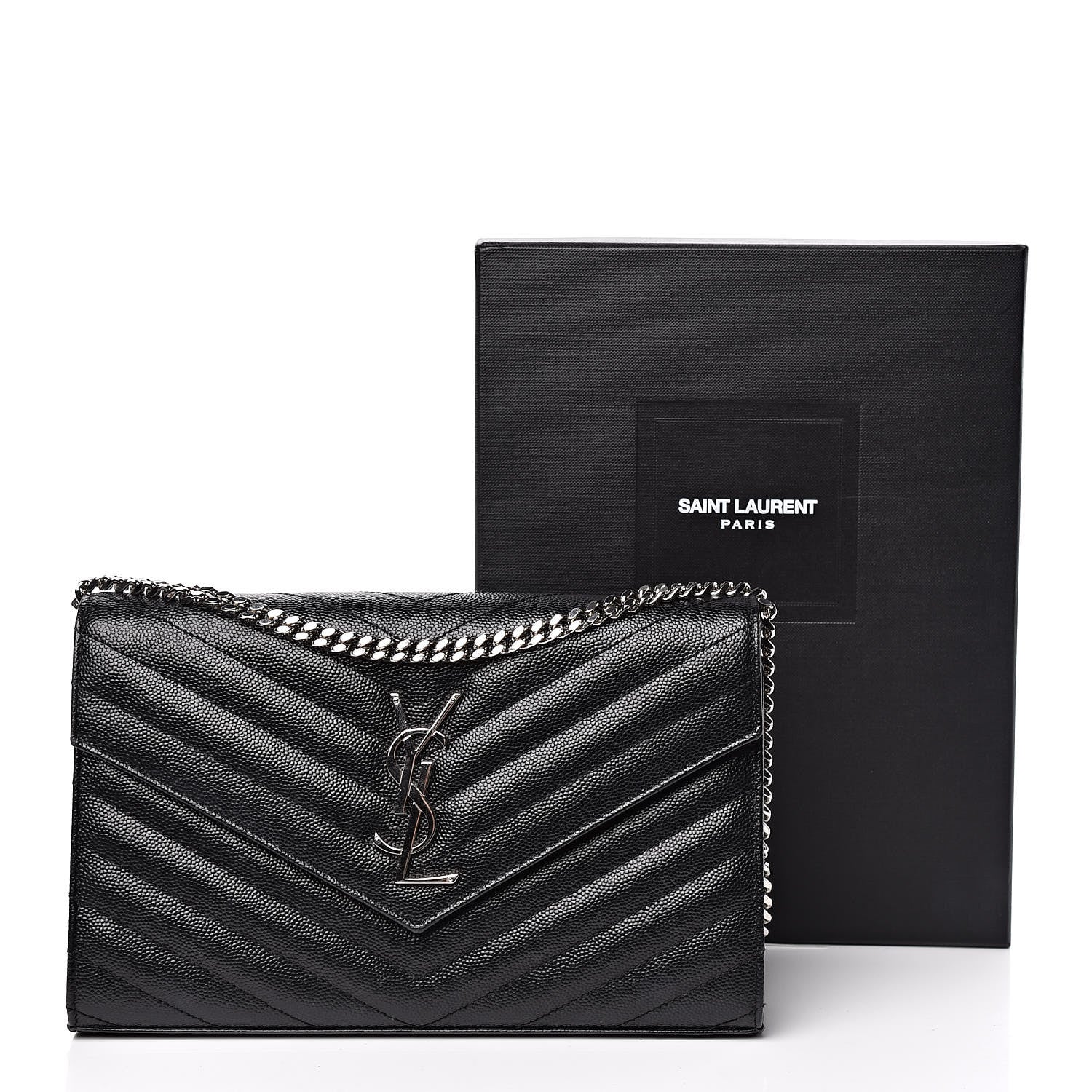 Saint Laurent Grain De Poudre Matelasse Chevron Monogram Chain Wallet Black 10 of 10