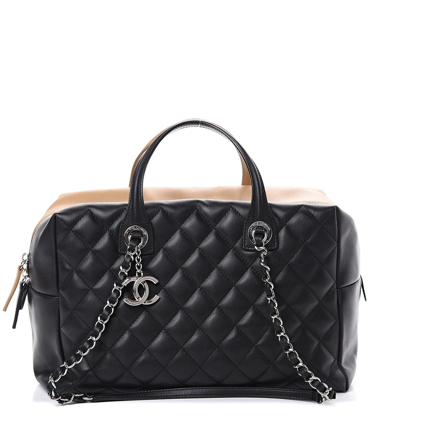 Calfskin Quilted Feather Weight Bowling Bag Black Beige