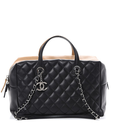 Chanel Calfskin Quilted Feather Weight Bowling Bag Black Beige 1 of 15