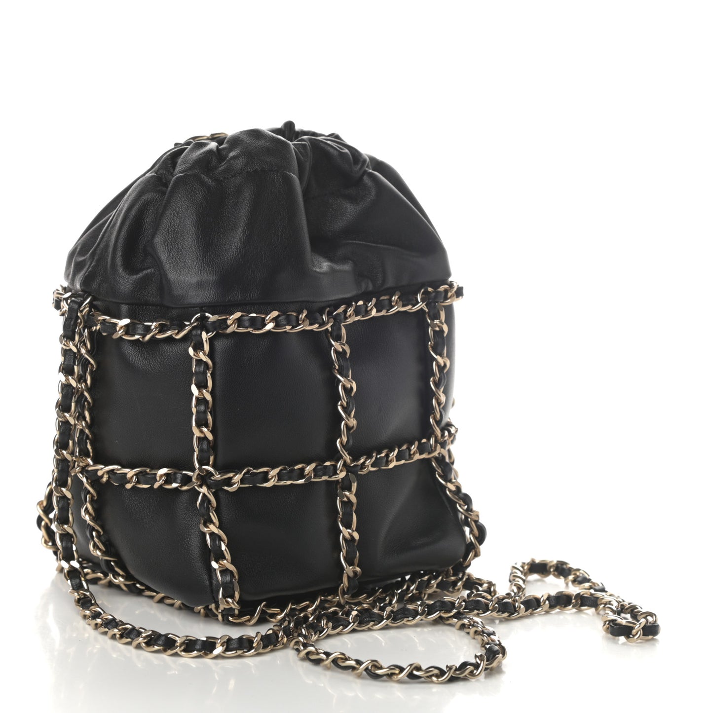 Lambskin Bucket Chain Drawstring Bag Black