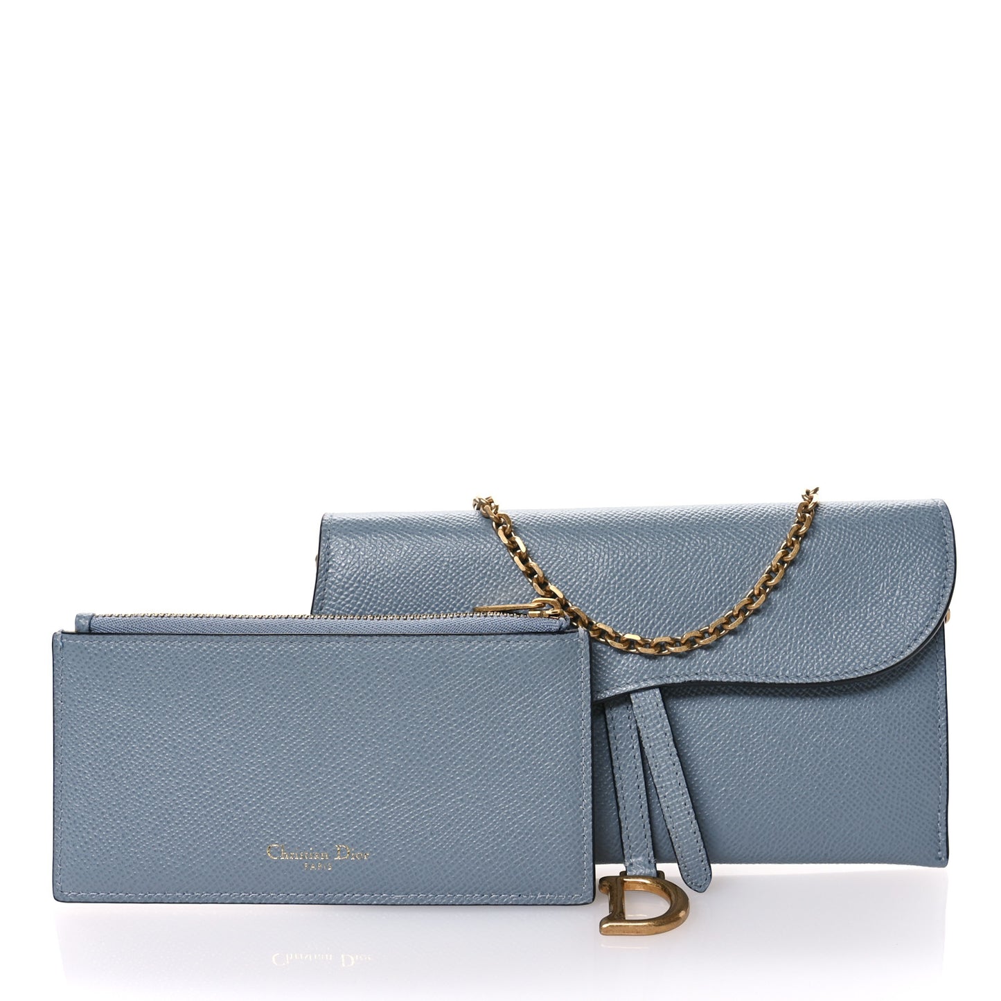 Grained Calfskin Saddle Chain Wallet Pouch Grey Stone