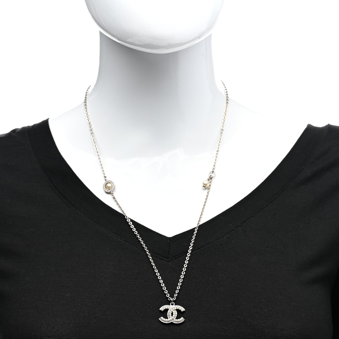 Crystal Pearl CC Pendant Necklace Silver