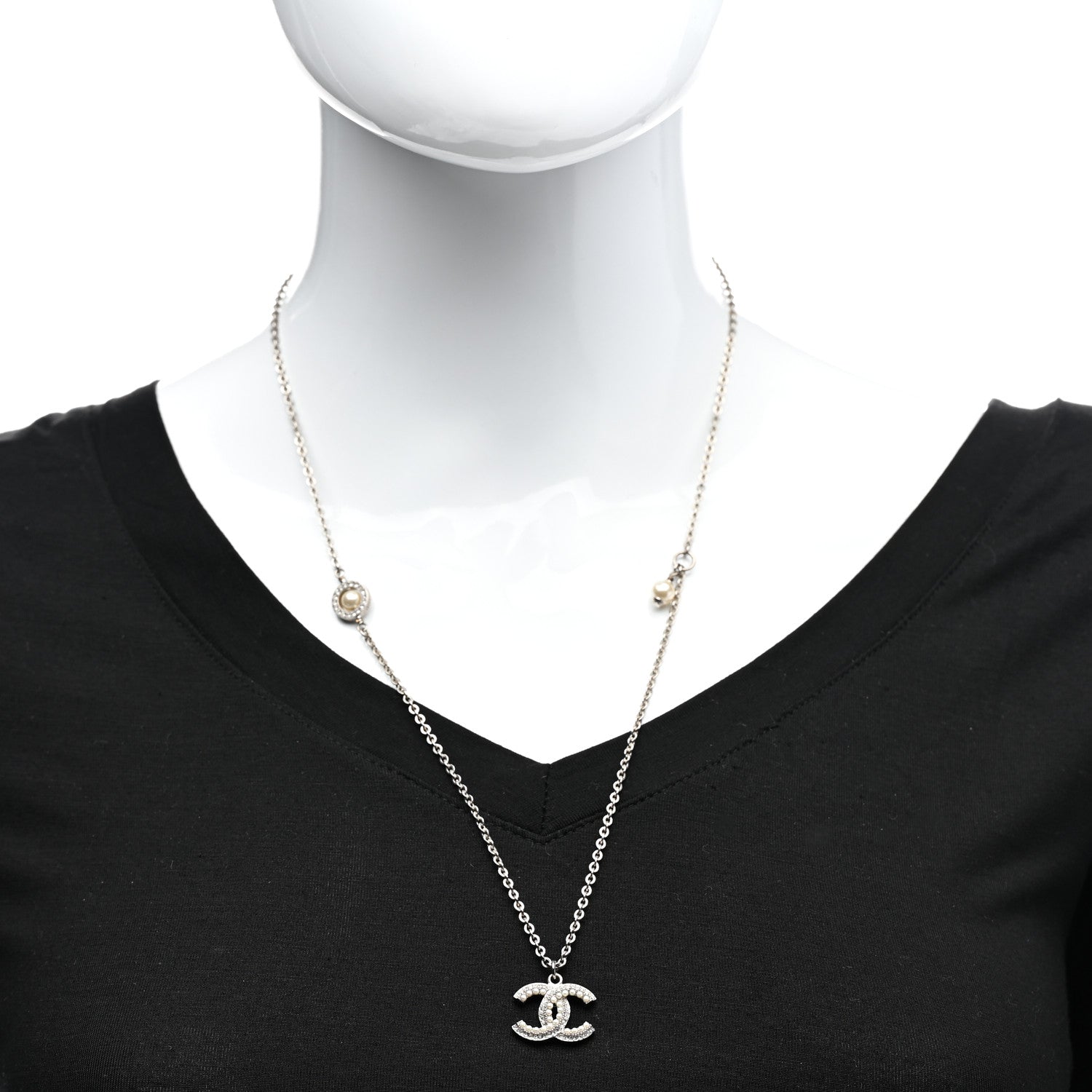 Chanel Crystal Pearl CC Pendant Necklace Silver 2 of 7