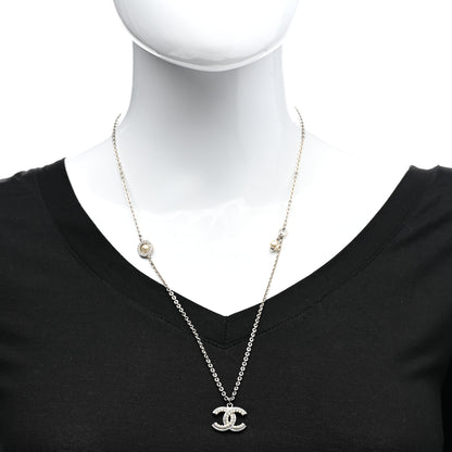 Chanel Crystal Pearl CC Pendant Necklace Silver 2 of 7