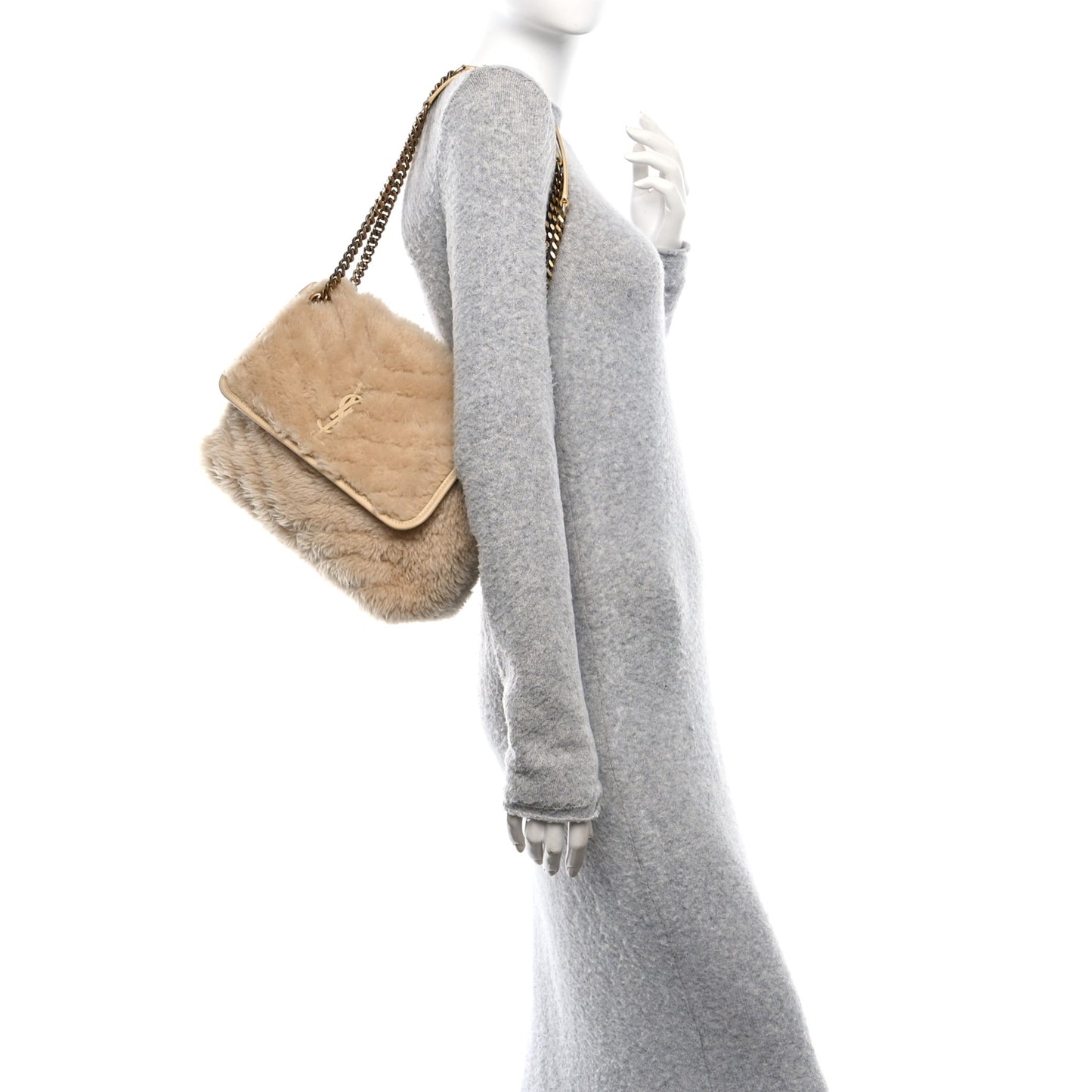 Lambskin Shearling Monogram Medium Niki Chain Satchel Natural Beige