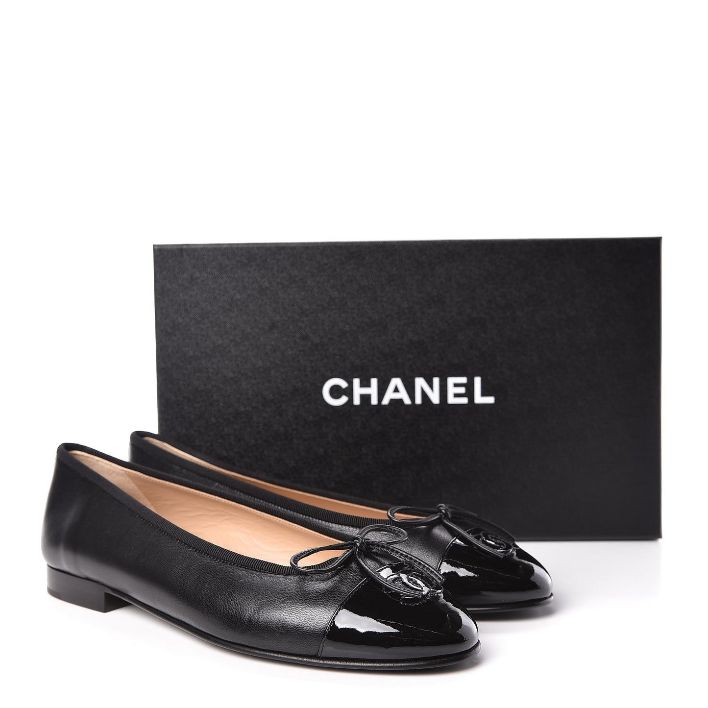 Lambskin Patent Cap Toe Ballerina Flats 38 Black