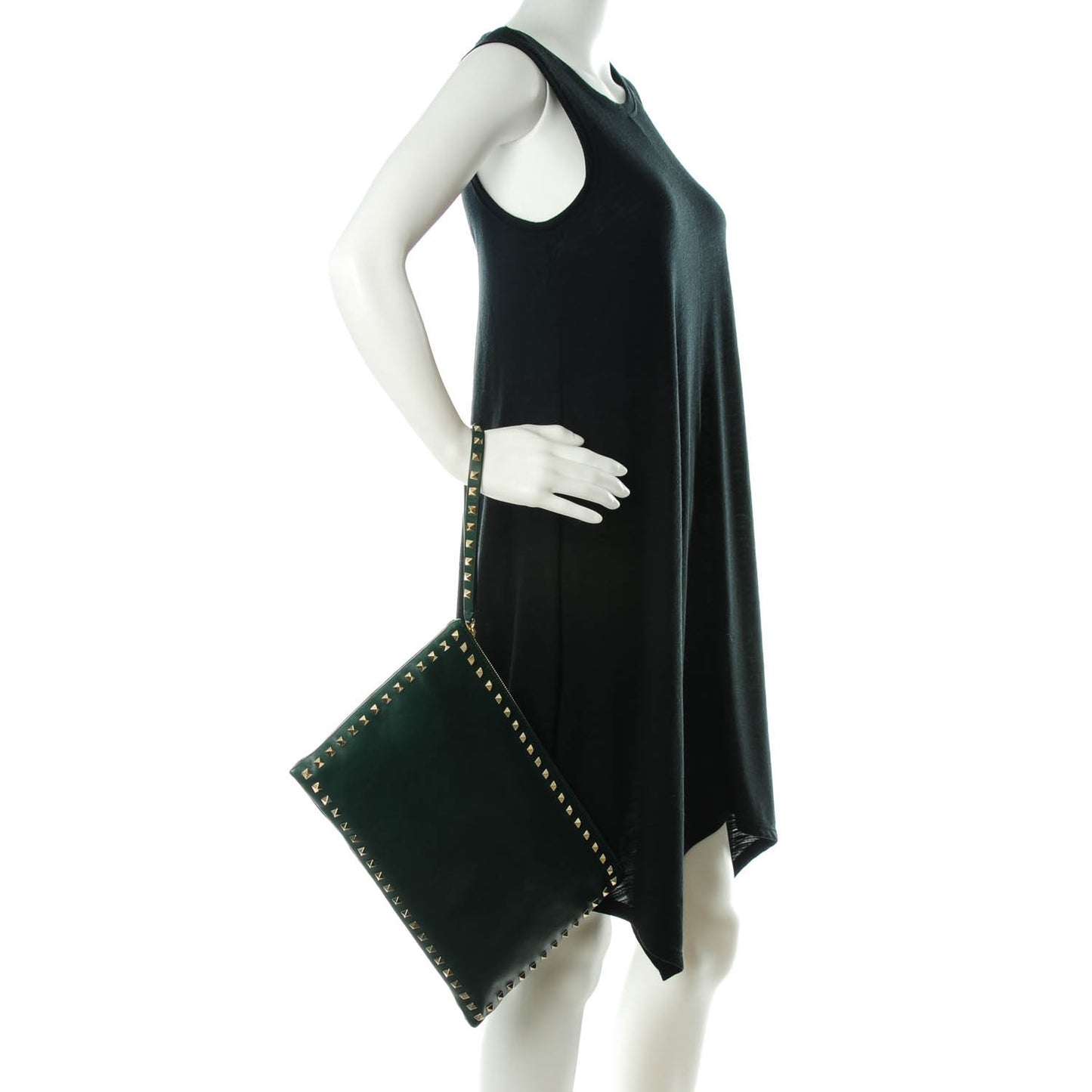 Vitello Large Rockstud Zip Wristlet Pouch Green