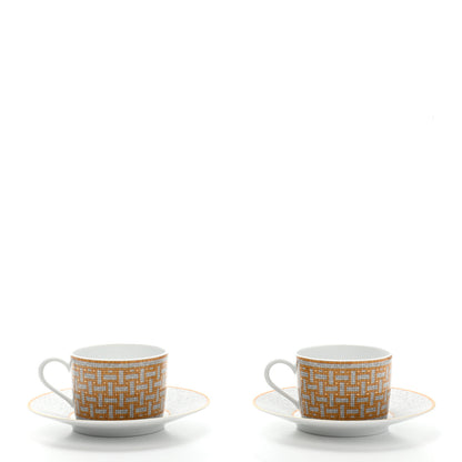 Hermes Porcelain Mosaique Au 24 Gold Tea Cup And Saucer Set Of 2 1 of 11
