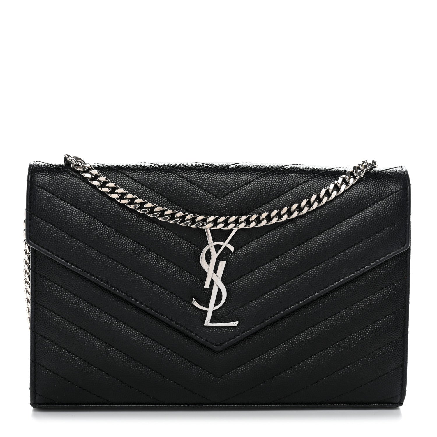 Saint Laurent Grain De Poudre Matelasse Chevron Monogram Chain Wallet Black 1 of 11