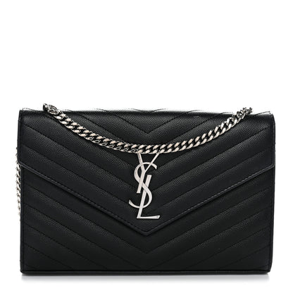 Saint Laurent Grain De Poudre Matelasse Chevron Monogram Chain Wallet Black 1 of 11