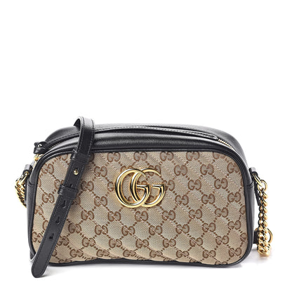 Gucci Monogram Matelasse Diagonal Small GG Marmont Chain Shoulder Bag Beige Black 1 of 9