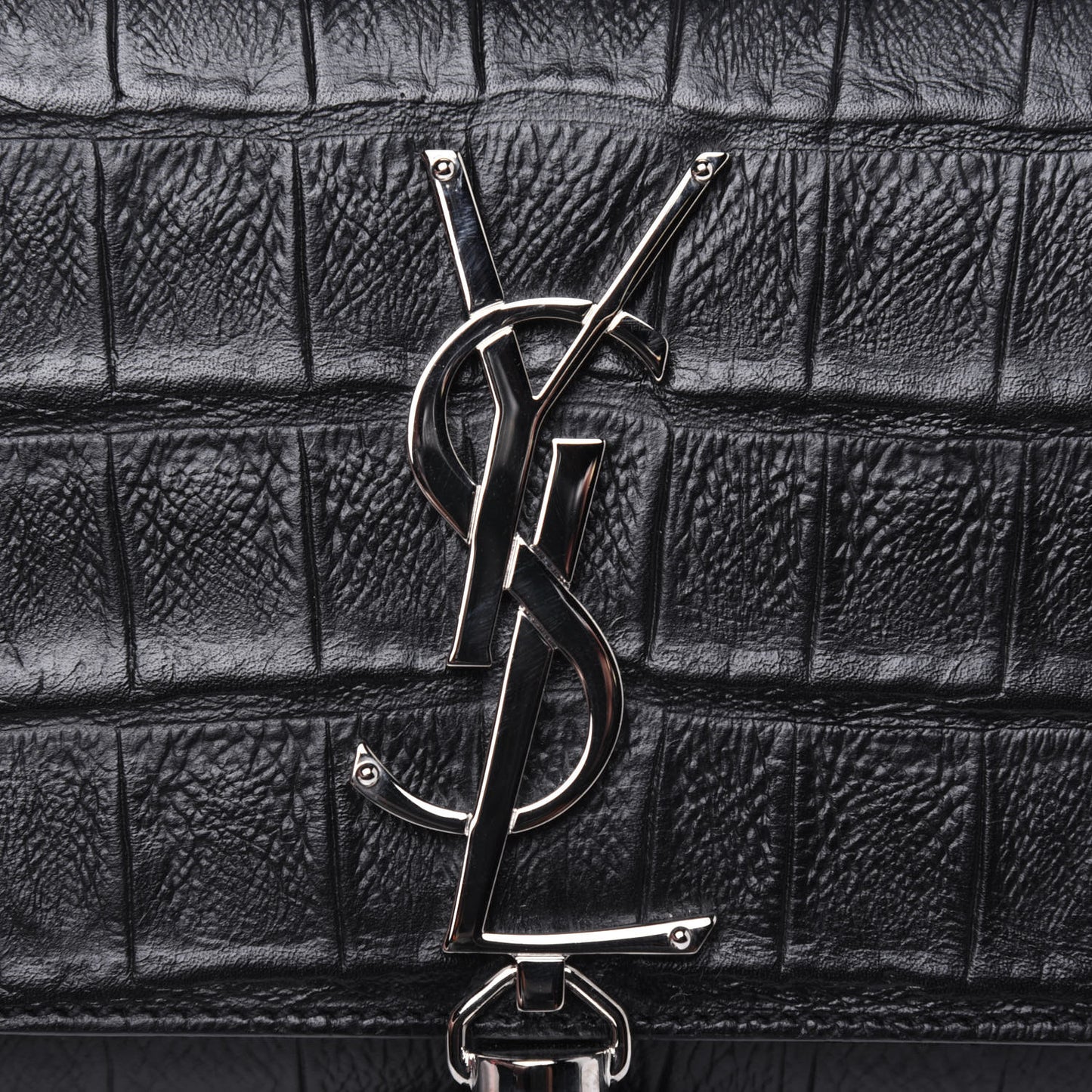 Calfskin Crocodile Embossed Monogram Small Kate Tassel Satchel Black
