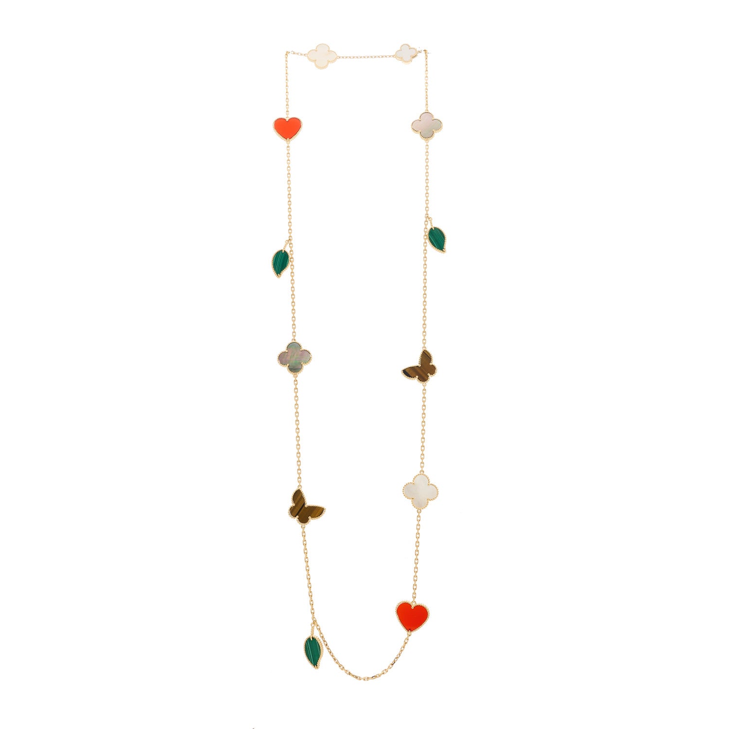 Van Cleef & Arpels 18K Yellow Gold Mother of Pearl Malachite Carnelian Tiger Eye 12 Motif Lucky Alhambra Necklace 3 of 6