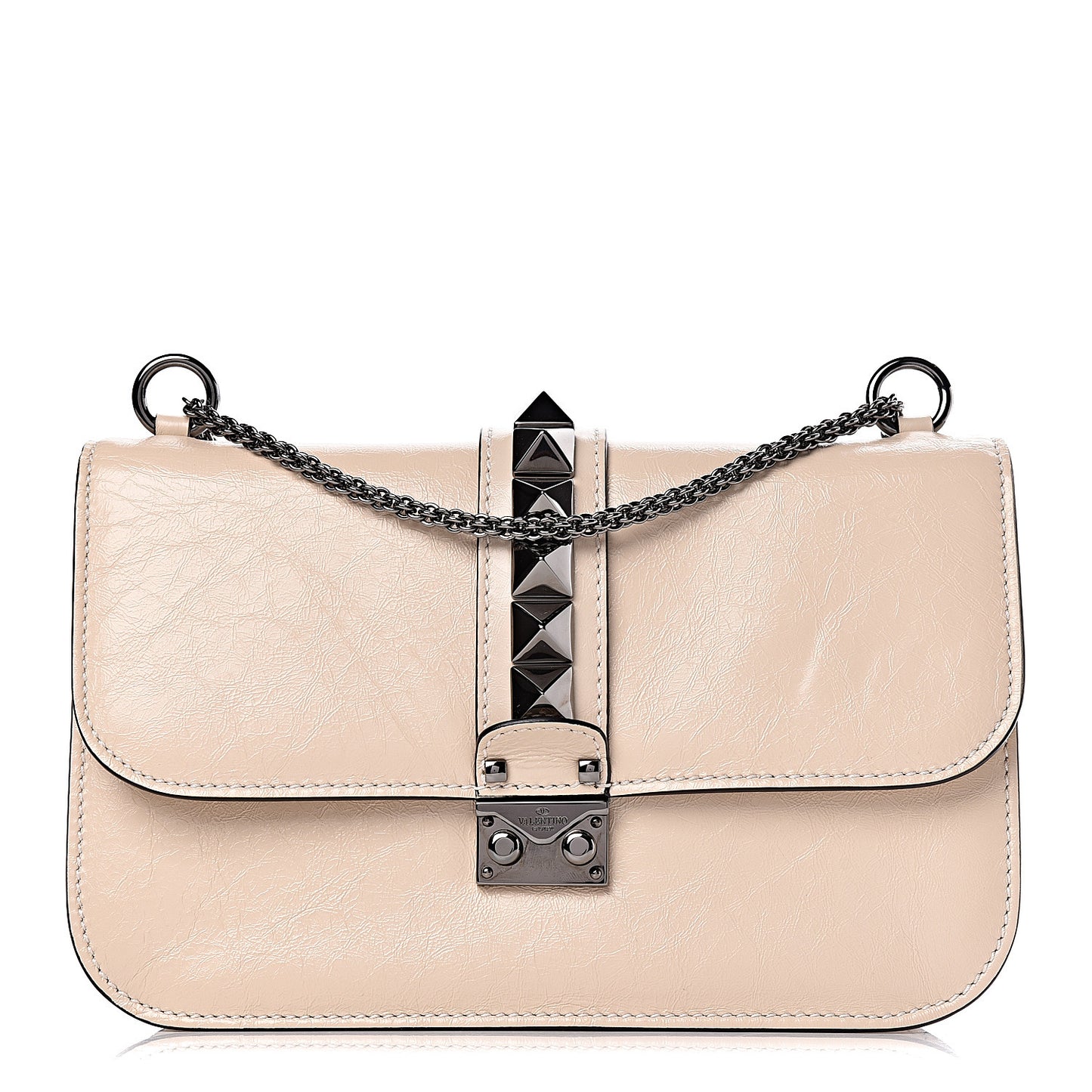 Craquele Calfskin Medium Glam Lock Rockstud Flap Light Ivory