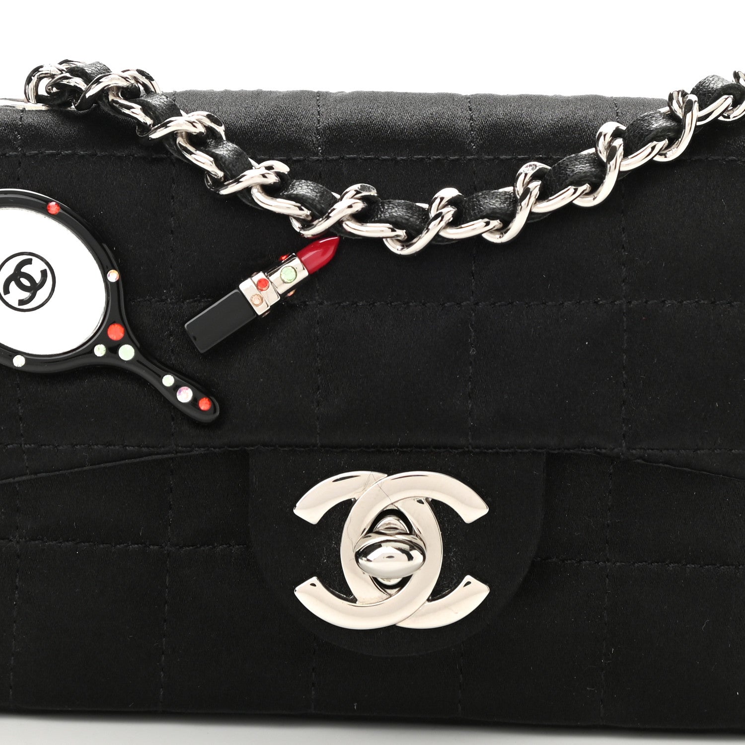 Chanel Satin Square Quilted Lipstick Charm Mini Flap Black 8 of 11