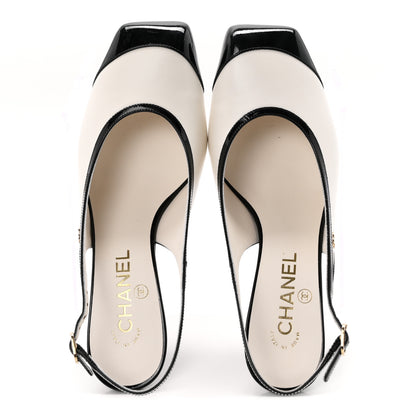 Chanel Lambskin Patent Calfskin Cap Toe CC Slingback Pumps 38 White Black 2 of 10