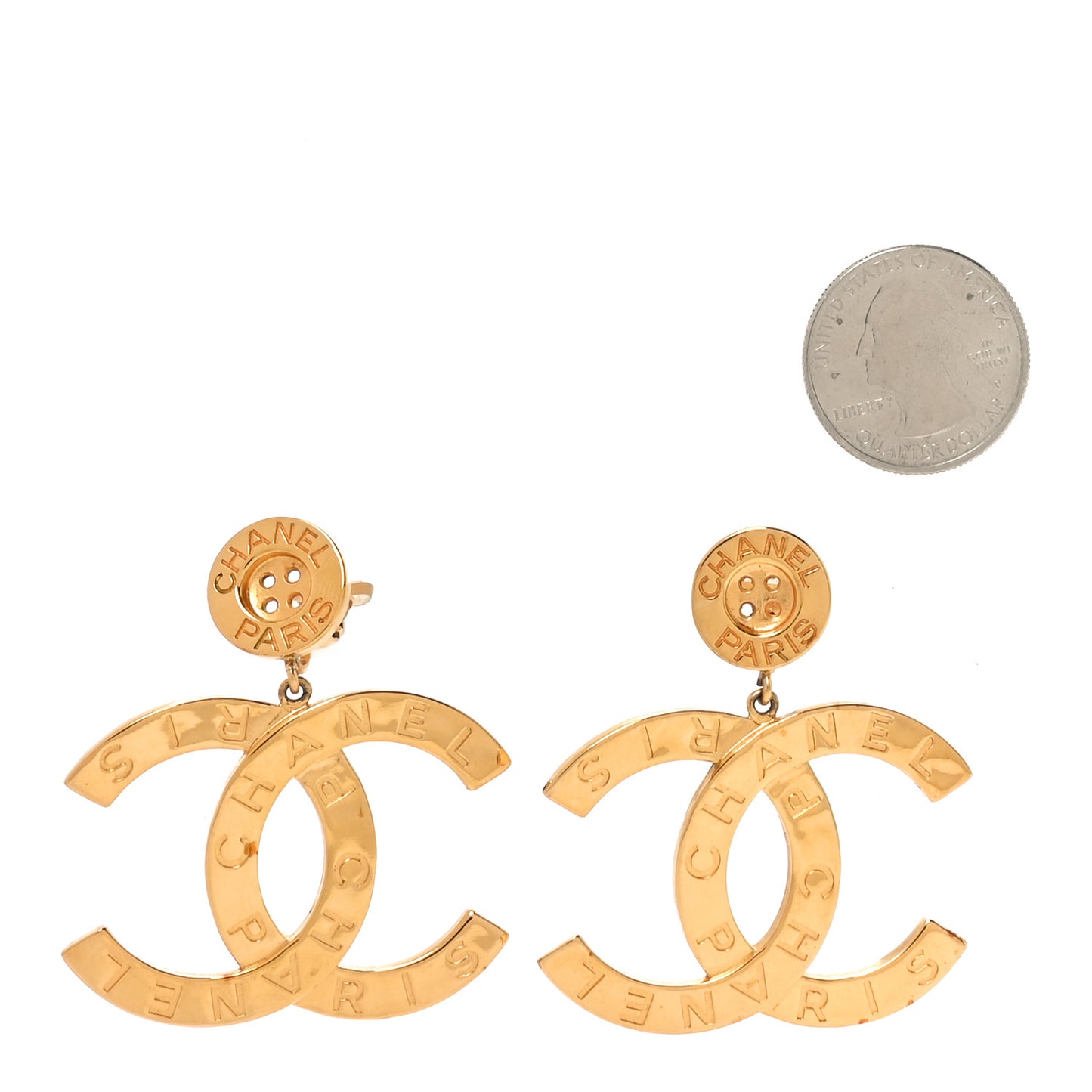 Metal Large Paris Button Clip On Earrings Gold