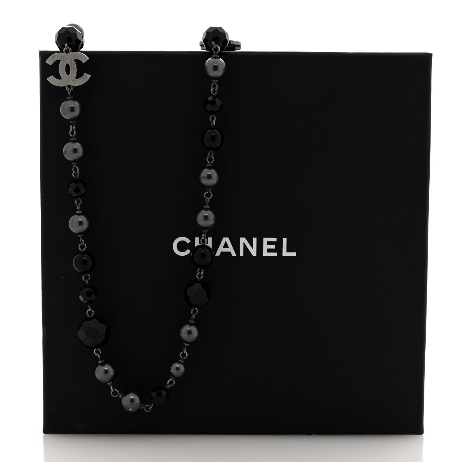 Chanel Pearl Bead Enamel CC Long Necklace Silver Black Grey 5 of 5