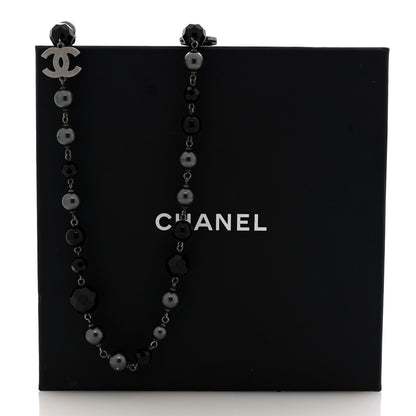 Chanel Pearl Bead Enamel CC Long Necklace Silver Black Grey 5 of 5