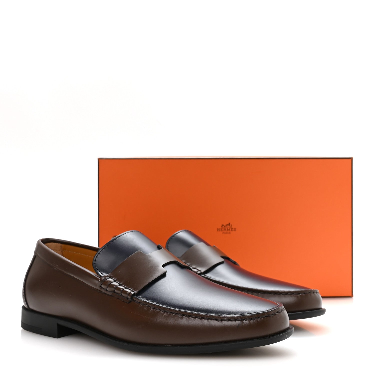 Hermes Calfskin Mens Duke Loafer 42 Marron Ebene Marine 9 of 9