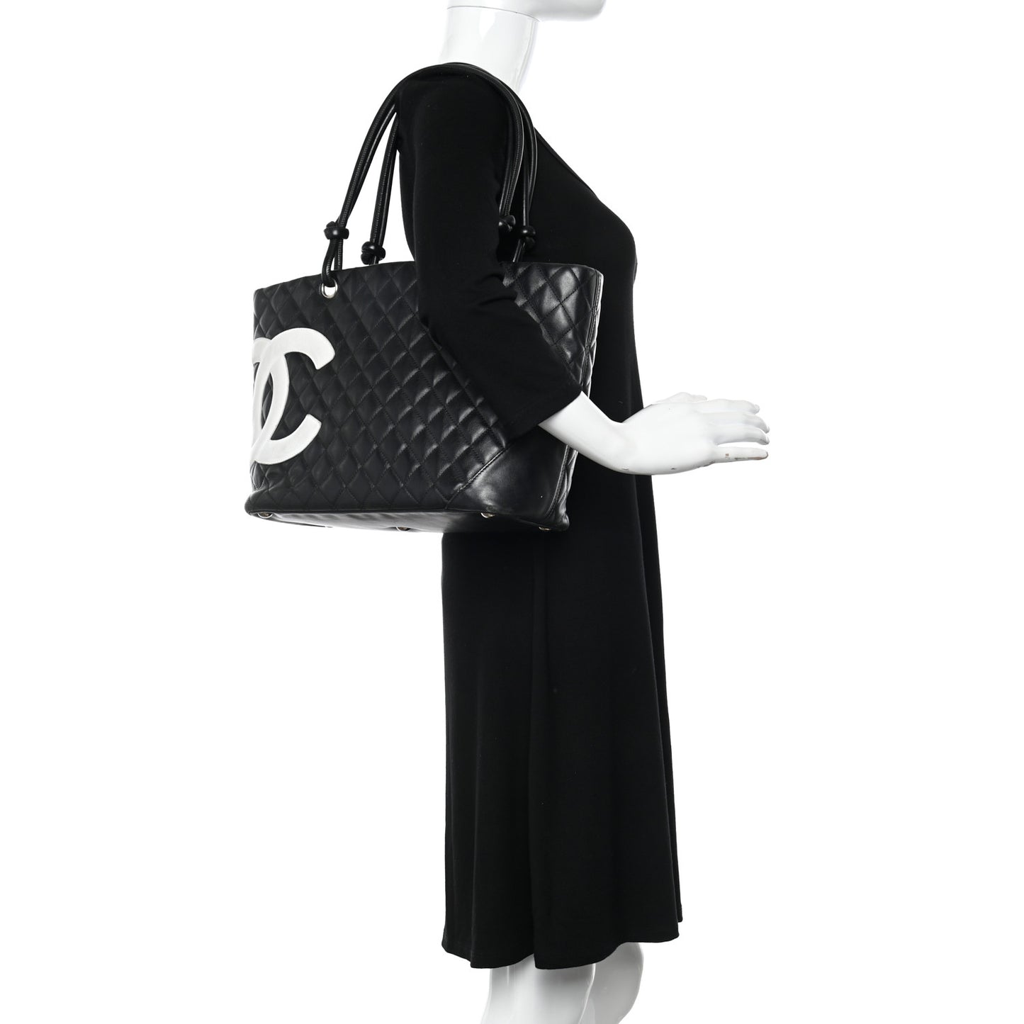 Calfskin Quilted Large Cambon Tote Black White