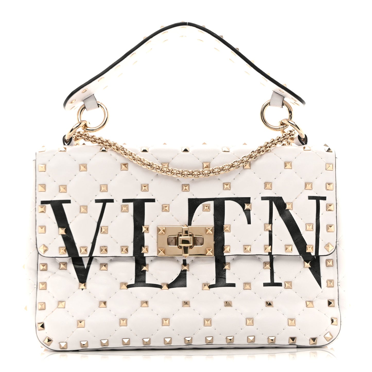 Lambskin VLTN Print Medium Rockstud Spike Shoulder Bag Optic White Black